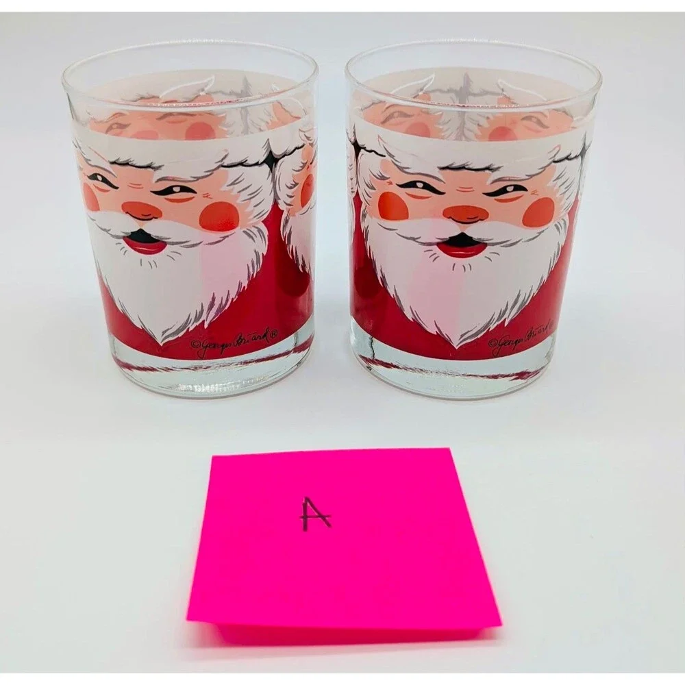 Vintage MCM Georges Briard Santa Claus Face Low Ball Glasses Set of 2 